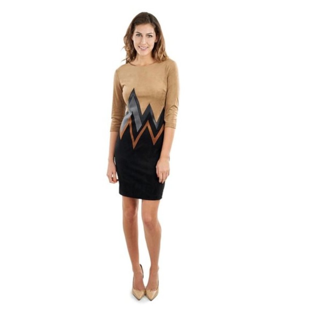 NEW Size 14 Joseph Ribkoff Black/Cognac Vegan Leather Chevron Dress 164445X